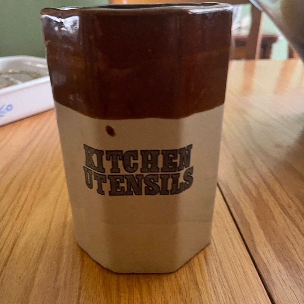 1970s Vintage stoneware brown utensil holder